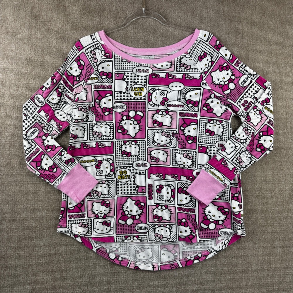 Hello Kitty Comic Print XL Women Thermal Top Pink Waffle Knit Y2K Sanrio Kawaii